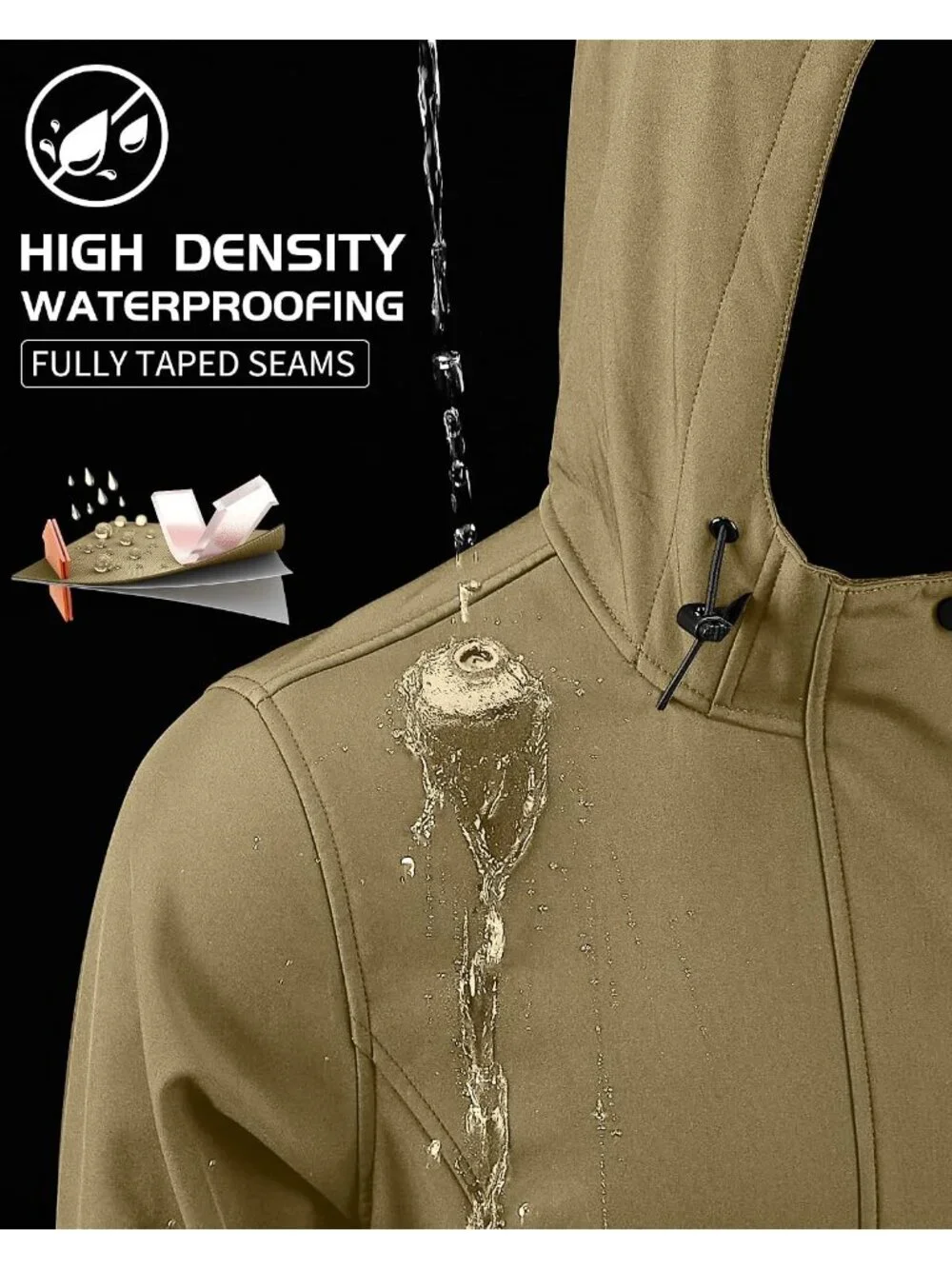 Women's Tan Hooded Fleece Lined Waterproof Hiking Softshell Long Rain Jacket